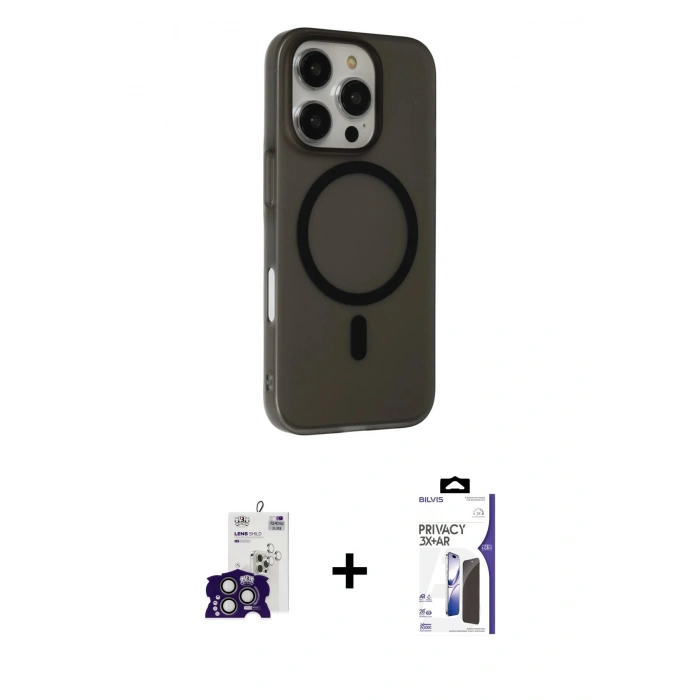 MARSİLYAN™- iPhone 16 Pro Max Kılıf Çekirdek Modern Prime - Siyah Bilvis 3X AR Hayalet Cam Ekran Koruyucu + Bilvis Titan Kamera Lens - TMGI