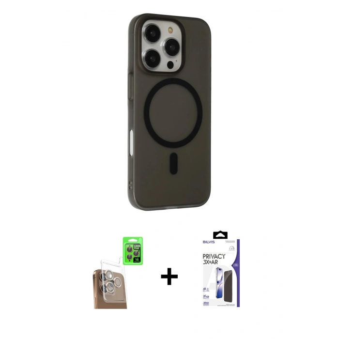 MARSİLYAN™- iPhone 16 Pro Max Kılıf Çekirdek Modern Prime - Siyah Bilvis 3X AR Hayalet Cam Ekran Koruyucu + Raze Metal Kamera Lens - CLTM
