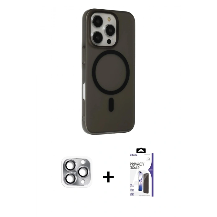 MARSİLYAN™- iPhone 16 Pro Max Kılıf Çekirdek Modern Prime - Siyah Bilvis 3X AR Hayalet Cam Ekran Koruyucu + Pers Alüminyum Kamera Lens - GI