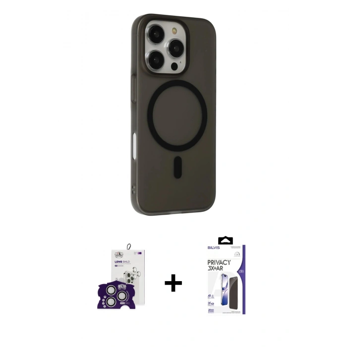 MARSİLYAN™- iPhone 16 Pro Max Kılıf Çekirdek Modern Prime - Siyah Bilvis 3X AR Hayalet Cam Ekran Koruyucu + Bilvis Titan Kamera Lens - GS