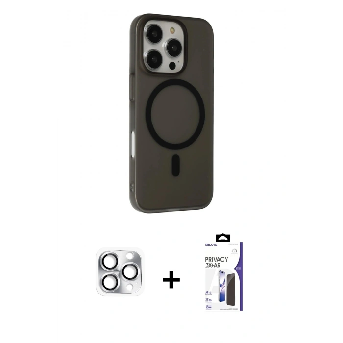 MARSİLYAN™- iPhone 16 Pro Max Kılıf Çekirdek Modern Prime - Siyah Bilvis 3X AR Hayalet Cam Ekran Koruyucu + Pers Alüminyum Kamera Lens - GS
