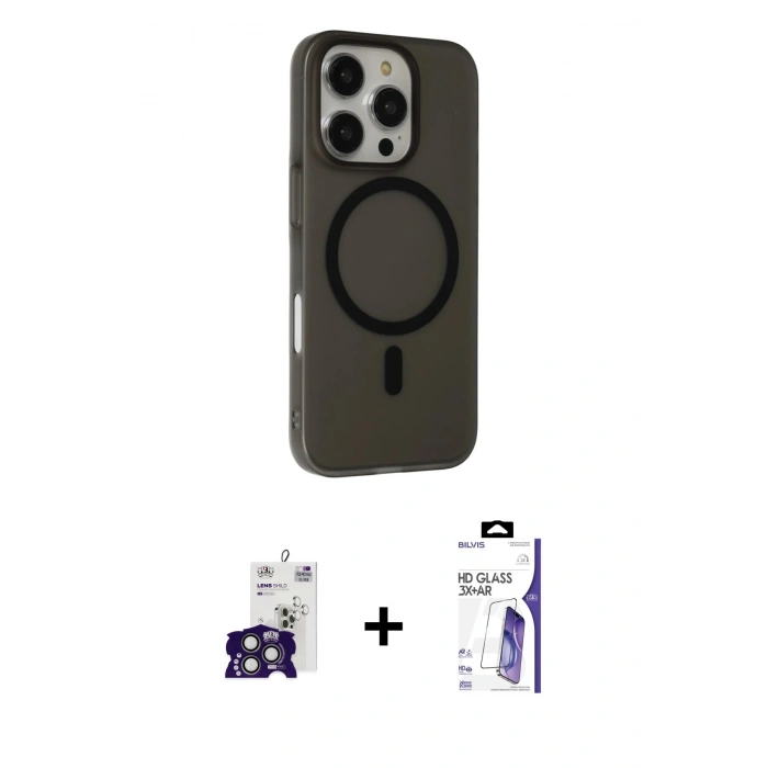 MARSİLYAN™- iPhone 16 Pro Max Kılıf Çekirdek Modern Prime - Siyah Bilvis 3X AR HD Cam Ekran Koruyucu + Bilvis Titan Kamera Lens - TMGI