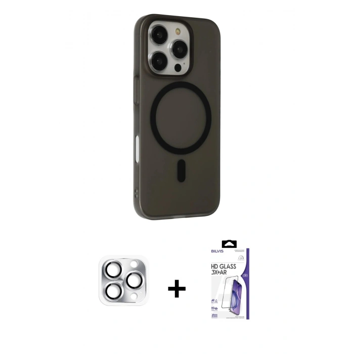 MARSİLYAN™- iPhone 16 Pro Max Kılıf Çekirdek Modern Prime - Siyah Bilvis 3X AR HD Cam Ekran Koruyucu + Pers Alüminyum Kamera Lens - GS