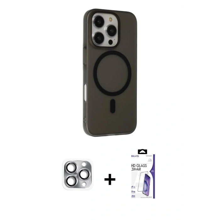 MARSİLYAN™- iPhone 16 Pro Max Kılıf Çekirdek Modern Prime - Siyah Bilvis 3X AR HD Cam Ekran Koruyucu + Pers Alüminyum Kamera Lens - GI