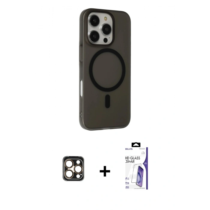 MARSİLYAN™- iPhone 16 Pro Max Kılıf Çekirdek Modern Prime - Siyah Bilvis 3X AR HD Cam Ekran Koruyucu + PVD Metal Kamera Lens - GD