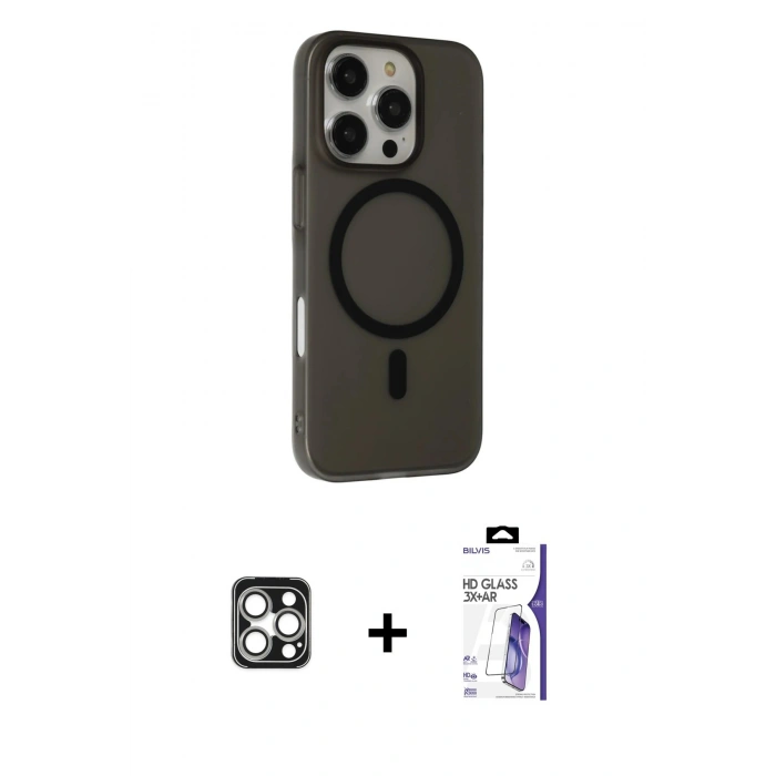 MARSİLYAN™- iPhone 16 Pro Max Kılıf Çekirdek Modern Prime - Siyah Bilvis 3X AR HD Cam Ekran Koruyucu + PVD Metal Kamera Lens - GS
