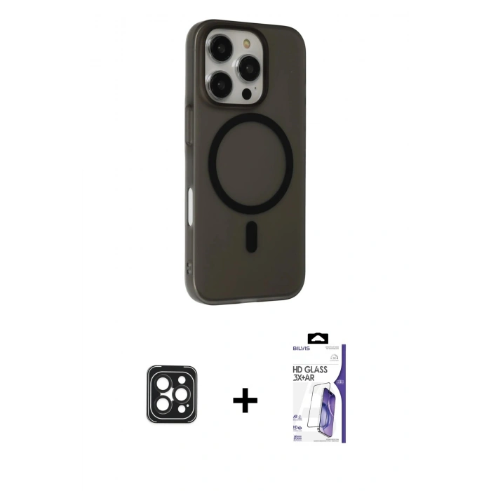 MARSİLYAN™- iPhone 16 Pro Max Kılıf Çekirdek Modern Prime - Siyah Bilvis 3X AR HD Cam Ekran Koruyucu + PVD Metal Kamera Lens - SH