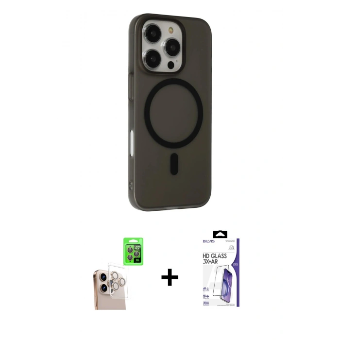 MARSİLYAN™- iPhone 16 Pro Max Kılıf Çekirdek Modern Prime - Siyah Bilvis 3X AR HD Cam Ekran Koruyucu + Raze Metal Kamera Lens - NLGY