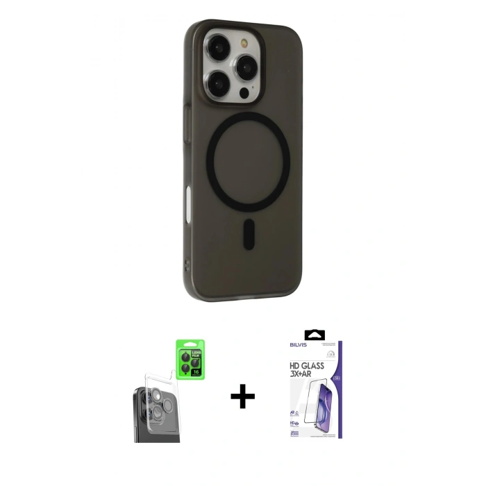 MARSİLYAN™- iPhone 16 Pro Max Kılıf Çekirdek Modern Prime - Siyah Bilvis 3X AR HD Cam Ekran Koruyucu + Raze Metal Kamera Lens - SH