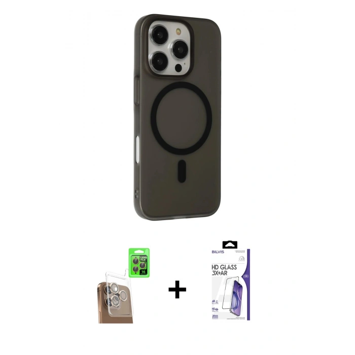 MARSİLYAN™- iPhone 16 Pro Max Kılıf Çekirdek Modern Prime - Siyah Bilvis 3X AR HD Cam Ekran Koruyucu + Raze Metal Kamera Lens - CLTM