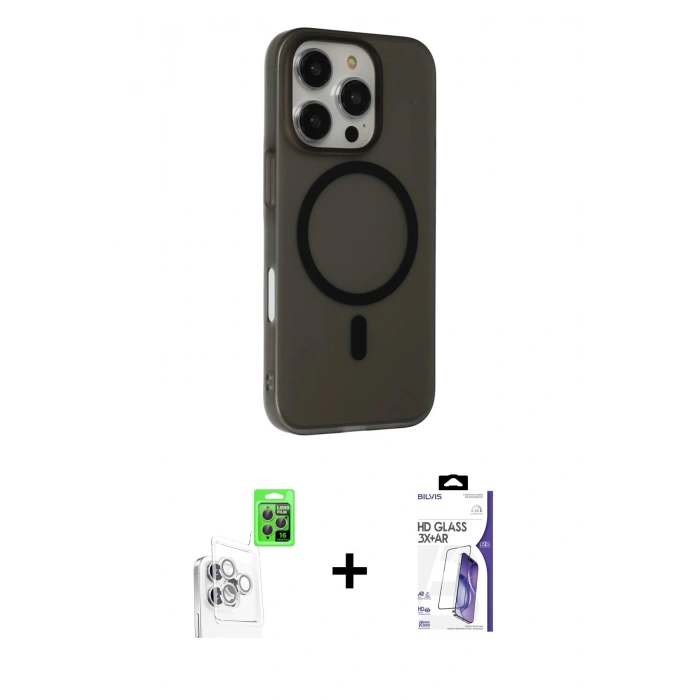 MARSİLYAN™- iPhone 16 Pro Max Kılıf Çekirdek Modern Prime - Siyah Bilvis 3X AR HD Cam Ekran Koruyucu + Raze Metal Kamera Lens - BZ