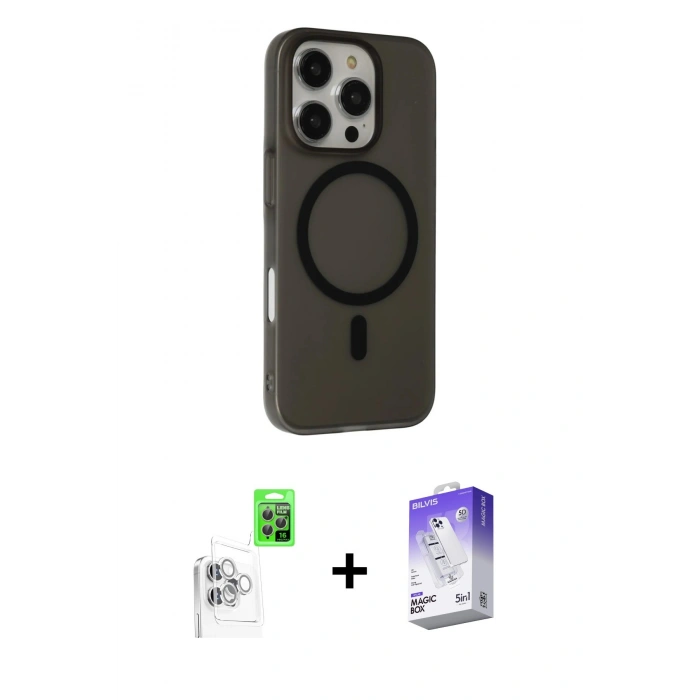 MARSİLYAN™- iPhone 16 Pro Max Kılıf Çekirdek Modern Prime - Siyah Bilvis 5in1 3D Magic Cam Ekran Koruyucu + Beyaz Raze Metal Kamera Lens