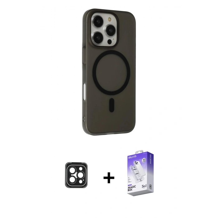 MARSİLYAN™- iPhone 16 Pro Max Kılıf Çekirdek Modern Prime - Siyah Bilvis 5in1 3D Magic Cam Ekran Koruyucu + PVD Metal Kamera Lens - SH