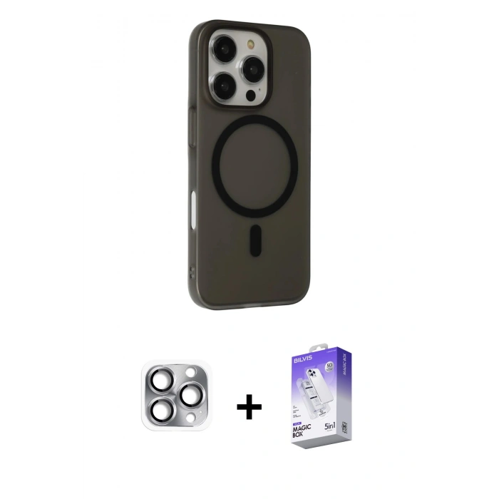 MARSİLYAN™- iPhone 16 Pro Max Kılıf Çekirdek Modern Prime - Siyah Bilvis 5in1 3D Magic Cam Ekran Koruyucu + Pers Alüminyum Kamera Lens - GI