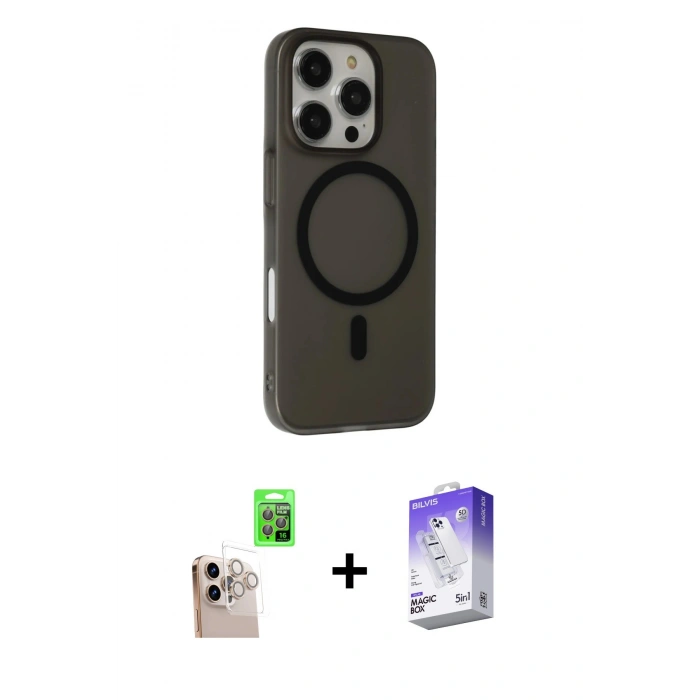 MARSİLYAN™- iPhone 16 Pro Max Kılıf Çekirdek Modern Prime - Siyah Bilvis 5in1 3D Magic Cam Ekran Koruyucu + Raze Metal Kamera Lens - NLGY