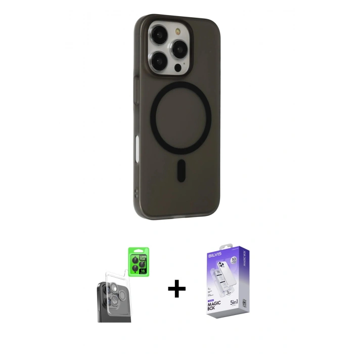 MARSİLYAN™- iPhone 16 Pro Max Kılıf Çekirdek Modern Prime - Siyah Bilvis 5in1 3D Magic Cam Ekran Koruyucu + Raze Metal Kamera Lens - SH