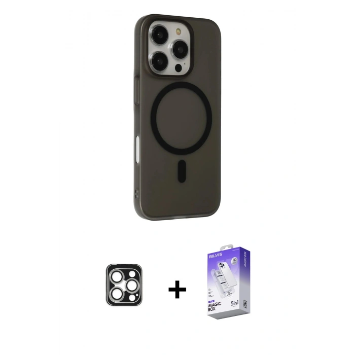 MARSİLYAN™- iPhone 16 Pro Max Kılıf Çekirdek Modern Prime - Siyah Bilvis 5in1 3D Magic Cam Ekran Koruyucu + PVD Metal Kamera Lens - GS