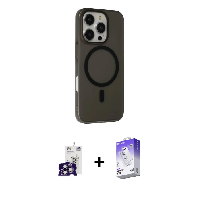 MARSİLYAN™- iPhone 16 Pro Max Kılıf Çekirdek Modern Prime - Siyah Bilvis 5in1 3D Magic Cam Ekran Koruyucu + Titanyum Gri Bilvis Titan Kamera Lens