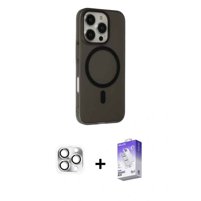 MARSİLYAN™- iPhone 16 Pro Max Kılıf Çekirdek Modern Prime - Siyah Bilvis 5in1 3D Magic Cam Ekran Koruyucu + Pers Alüminyum Kamera Lens - GS