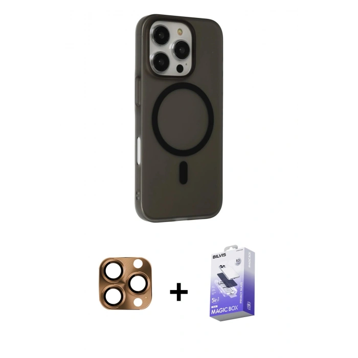 MARSİLYAN™- iPhone 16 Pro Max Kılıf Çekirdek Modern Prime - Siyah Bilvis 5in1 5D Magic Hayalet Cam Ekran Koruyucu + Pers Alüminyum Kamera Lens - CLTM