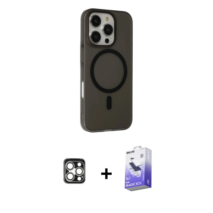 MARSİLYAN™- iPhone 16 Pro Max Kılıf Çekirdek Modern Prime - Siyah Bilvis 5in1 5D Magic Hayalet Cam Ekran Koruyucu + PVD Metal Kamera Lens - GS