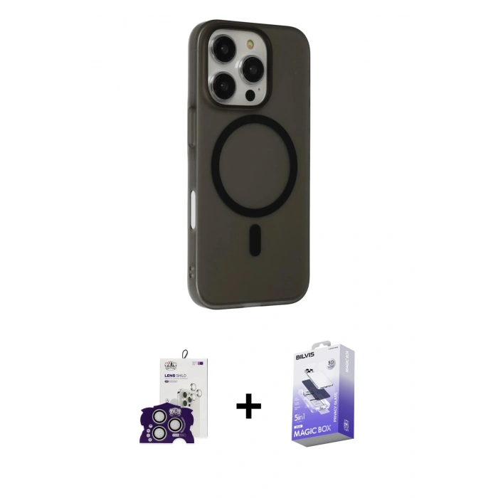MARSİLYAN™- iPhone 16 Pro Max Kılıf Çekirdek Modern Prime - Siyah Bilvis 5in1 5D Magic Hayalet Cam Ekran Koruyucu + Bilvis Titan Kamera Lens - GS