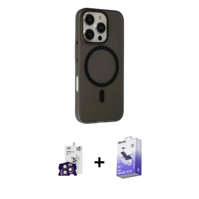 MARSİLYAN™- iPhone 16 Pro Max Kılıf Çekirdek Modern Prime - Siyah Bilvis 5in1 5D Magic Hayalet Cam Ekran Koruyucu + Bilvis Titan Kamera Lens - TMGI