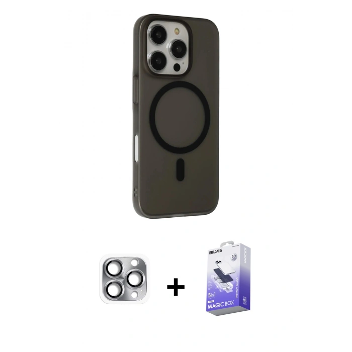MARSİLYAN™- iPhone 16 Pro Max Kılıf Çekirdek Modern Prime - Siyah Bilvis 5in1 5D Magic Hayalet Cam Ekran Koruyucu + Pers Alüminyum Kamera Lens - GI