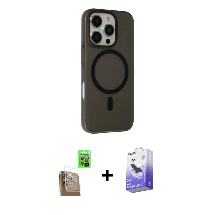 MARSİLYAN™- iPhone 16 Pro Max Kılıf Çekirdek Modern Prime - Siyah Bilvis 5in1 5D Magic Hayalet Cam Ekran Koruyucu + Raze Metal Kamera Lens - CLTM