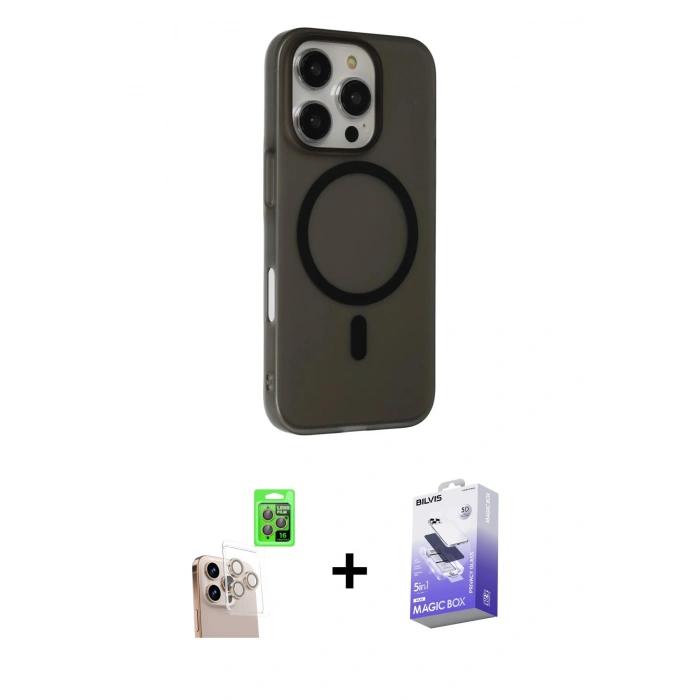 MARSİLYAN™- iPhone 16 Pro Max Kılıf Çekirdek Modern Prime - Siyah Bilvis 5in1 5D Magic Hayalet Cam Ekran Koruyucu + Raze Metal Kamera Lens - NLGY
