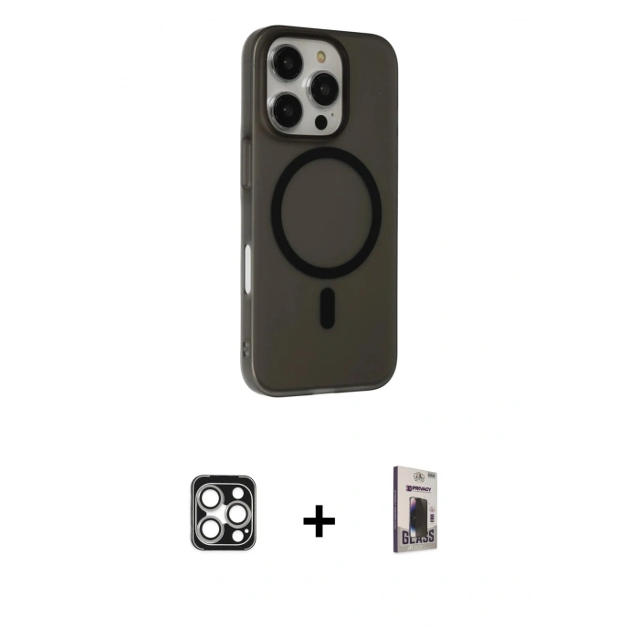 MARSİLYAN™- iPhone 16 Pro Max Kılıf Çekirdek Modern Prime - Siyah Bilvis Hayalet Cam Ekran Koruyucu + PVD Metal Kamera Lens - GS