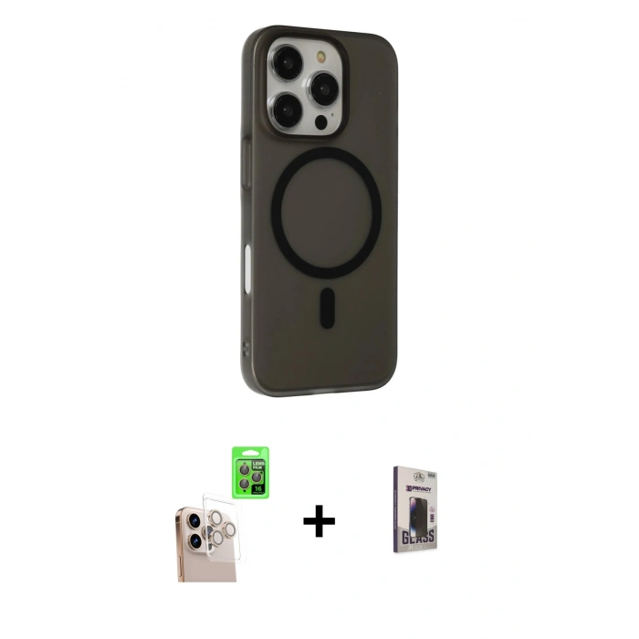 MARSİLYAN™- iPhone 16 Pro Max Kılıf Çekirdek Modern Prime - Siyah Bilvis Hayalet Cam Ekran Koruyucu + Raze Metal Kamera Lens - NLGY