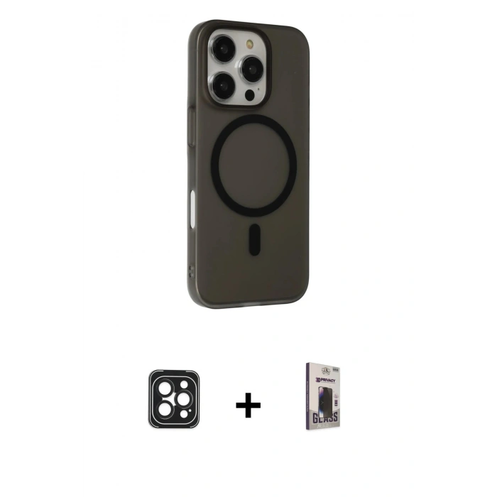 MARSİLYAN™- iPhone 16 Pro Max Kılıf Çekirdek Modern Prime - Siyah Bilvis Hayalet Cam Ekran Koruyucu + Siyah PVD Metal Kamera Lens