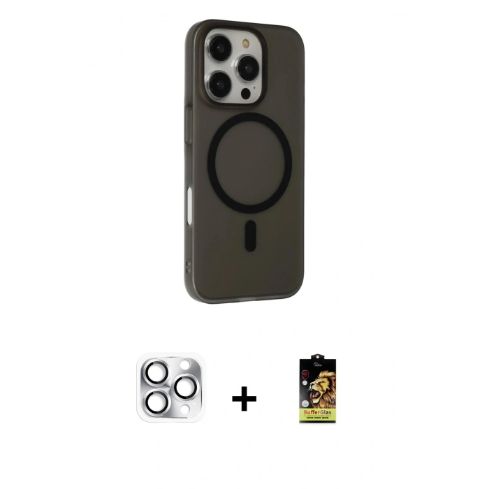 MARSİLYAN™- iPhone 16 Pro Max Kılıf Çekirdek Modern Prime - Siyah Buffer Cam Ekran Koruyucu + Gümüş Pers Alüminyum Kamera Lens
