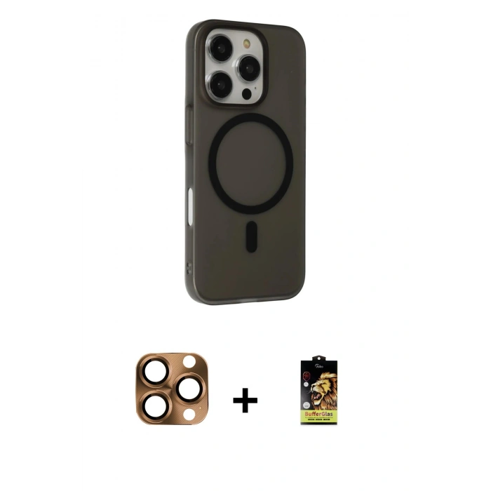 MARSİLYAN™- iPhone 16 Pro Max Kılıf Çekirdek Modern Prime - Siyah Buffer Cam Ekran Koruyucu + Pers Alüminyum Kamera Lens - CLTM