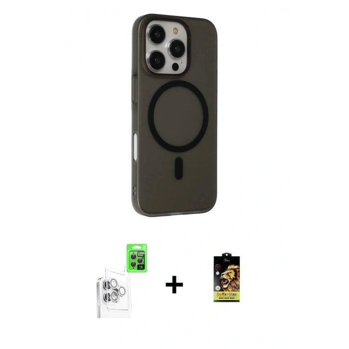 MARSİLYAN™- iPhone 16 Pro Max Kılıf Çekirdek Modern Prime - Siyah Buffer Cam Ekran Koruyucu + Raze Metal Kamera Lens - BZ