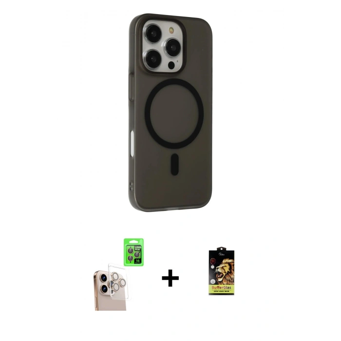 MARSİLYAN™- iPhone 16 Pro Max Kılıf Çekirdek Modern Prime - Siyah Buffer Cam Ekran Koruyucu + Raze Metal Kamera Lens - NLGY