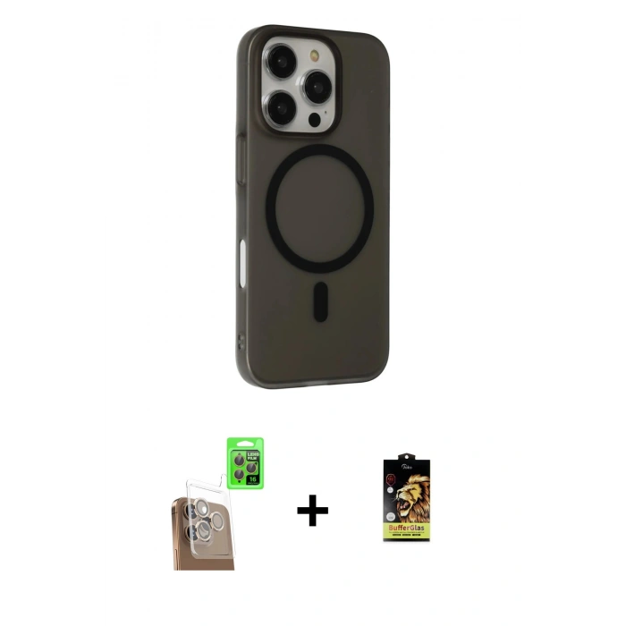 MARSİLYAN™- iPhone 16 Pro Max Kılıf Çekirdek Modern Prime - Siyah Buffer Cam Ekran Koruyucu + Raze Metal Kamera Lens - CLTM