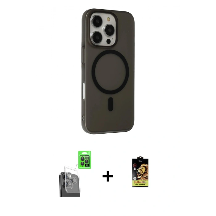 MARSİLYAN™- iPhone 16 Pro Max Kılıf Çekirdek Modern Prime - Siyah Buffer Cam Ekran Koruyucu + Raze Metal Kamera Lens - SH
