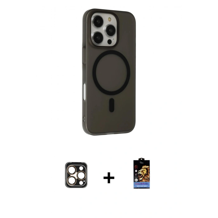 MARSİLYAN™- iPhone 16 Pro Max Kılıf Çekirdek Modern Prime - Siyah Buffer Hayalet Cam Ekran Koruyucu + PVD Metal Kamera Lens - GD
