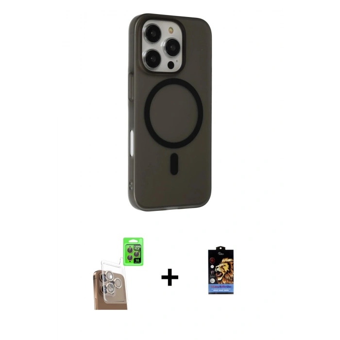 MARSİLYAN™- iPhone 16 Pro Max Kılıf Çekirdek Modern Prime - Siyah Buffer Hayalet Cam Ekran Koruyucu + Raze Metal Kamera Lens - CLTM