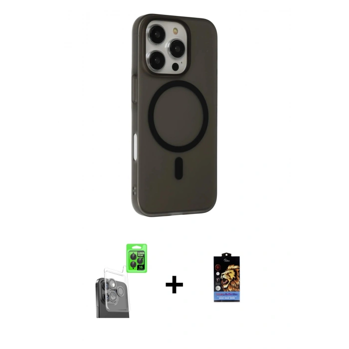 MARSİLYAN™- iPhone 16 Pro Max Kılıf Çekirdek Modern Prime - Siyah Buffer Hayalet Cam Ekran Koruyucu + Raze Metal Kamera Lens - SH