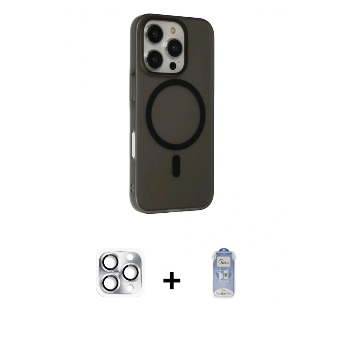 MARSİLYAN™- iPhone 16 Pro Max Kılıf Çekirdek Modern Prime - Siyah Joko Magic 5D Cam + Gümüş Pers Alüminyum Kamera Lens