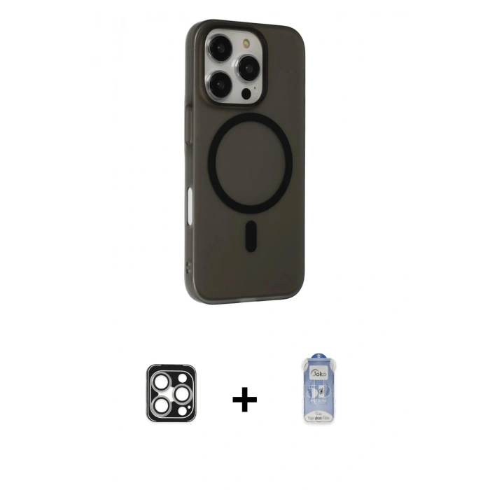 MARSİLYAN™- iPhone 16 Pro Max Kılıf Çekirdek Modern Prime - Siyah Joko Magic 5D Cam + Gümüş PVD Metal Kamera Lens