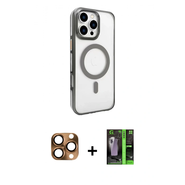 MARSİLYAN™- iPhone 16 Pro Max Kılıf Doruk Doku Özel Seri - Şeffaf 360 Full Body Arka Koruyucu + Çöl Titanyum Pers Alüminyum Kamera Lens