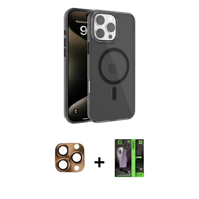 MARSİLYAN™- iPhone 16 Pro Max Kılıf Doruk Doku Özel Seri - Şeffaf 360 Full Body Arka Koruyucu + Çöl Titanyum Pers Alüminyum Kamera Lens