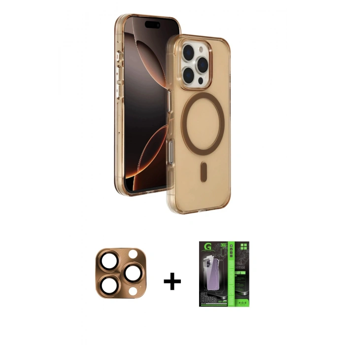 MARSİLYAN™- iPhone 16 Pro Max Kılıf Doruk Doku Özel Seri - Şeffaf 360 Full Body Arka Koruyucu + Çöl Titanyum Pers Alüminyum Kamera Lens