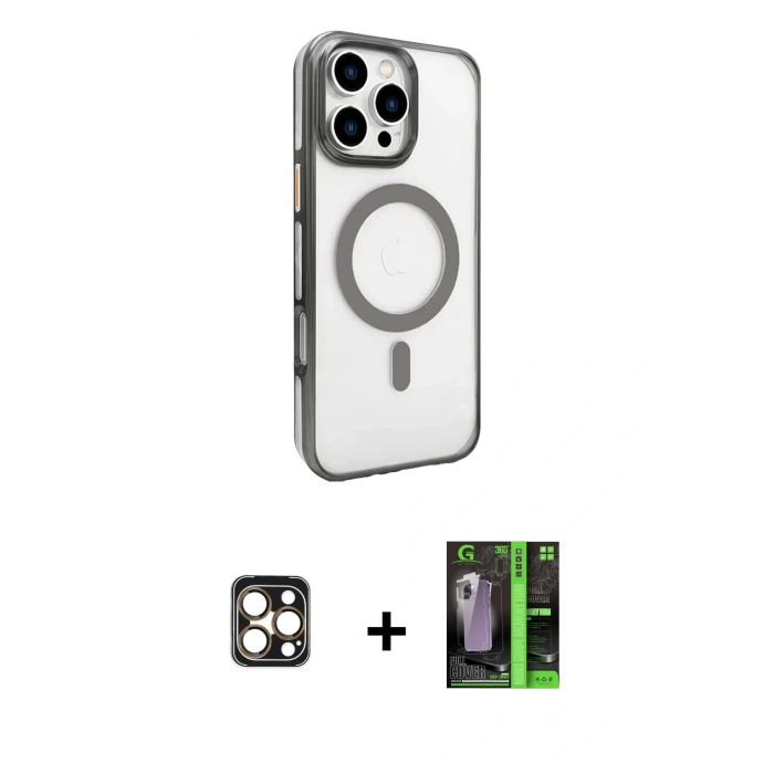 MARSİLYAN™- iPhone 16 Pro Max Kılıf Doruk Doku Özel Seri - Şeffaf 360 Full Body Arka Koruyucu + PVD Metal Kamera Lens - GD