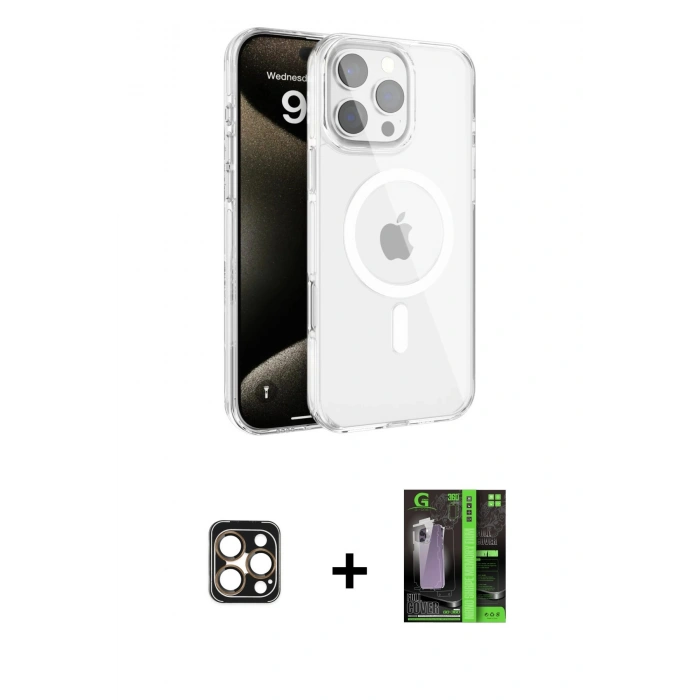 MARSİLYAN™- iPhone 16 Pro Max Kılıf Doruk Doku Özel Seri - Şeffaf 360 Full Body Arka Koruyucu + PVD Metal Kamera Lens - GD