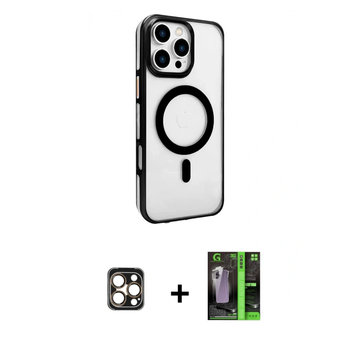 MARSİLYAN™- iPhone 16 Pro Max Kılıf Doruk Doku Özel Seri - Şeffaf 360 Full Body Arka Koruyucu + PVD Metal Kamera Lens - GD